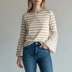 Banana Republic Bell Sleeve Top Supima Cotton Stripes White & Tan Size XS